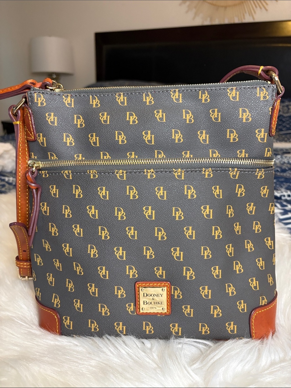 Dooney & Bourke Gretta  Zip Crossbody Brown Monogram Italian Leather Trim